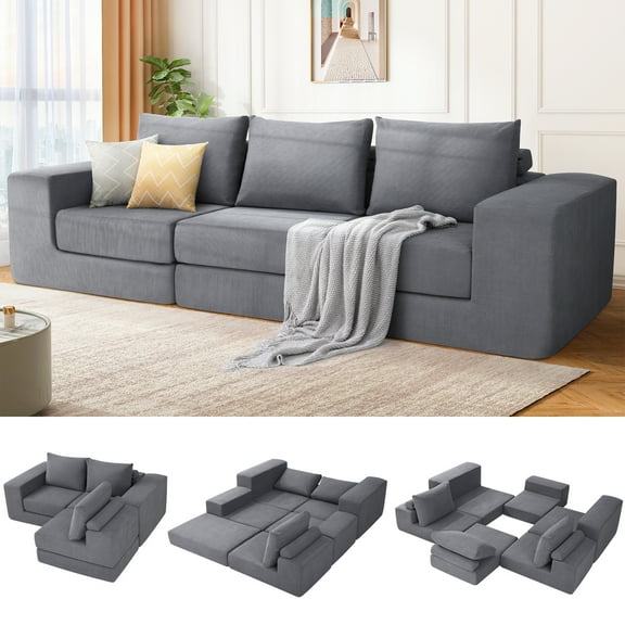 SEJOV Modular Sectional Cloud Sofa,110" 3-Seat Boneless Couch Convertible Sofa Bed w/Deep Seat & Non Slip Base, Modern Cozy Sectional Couches with L-Shape Chaise for Living Room, No Assembly, Gray
