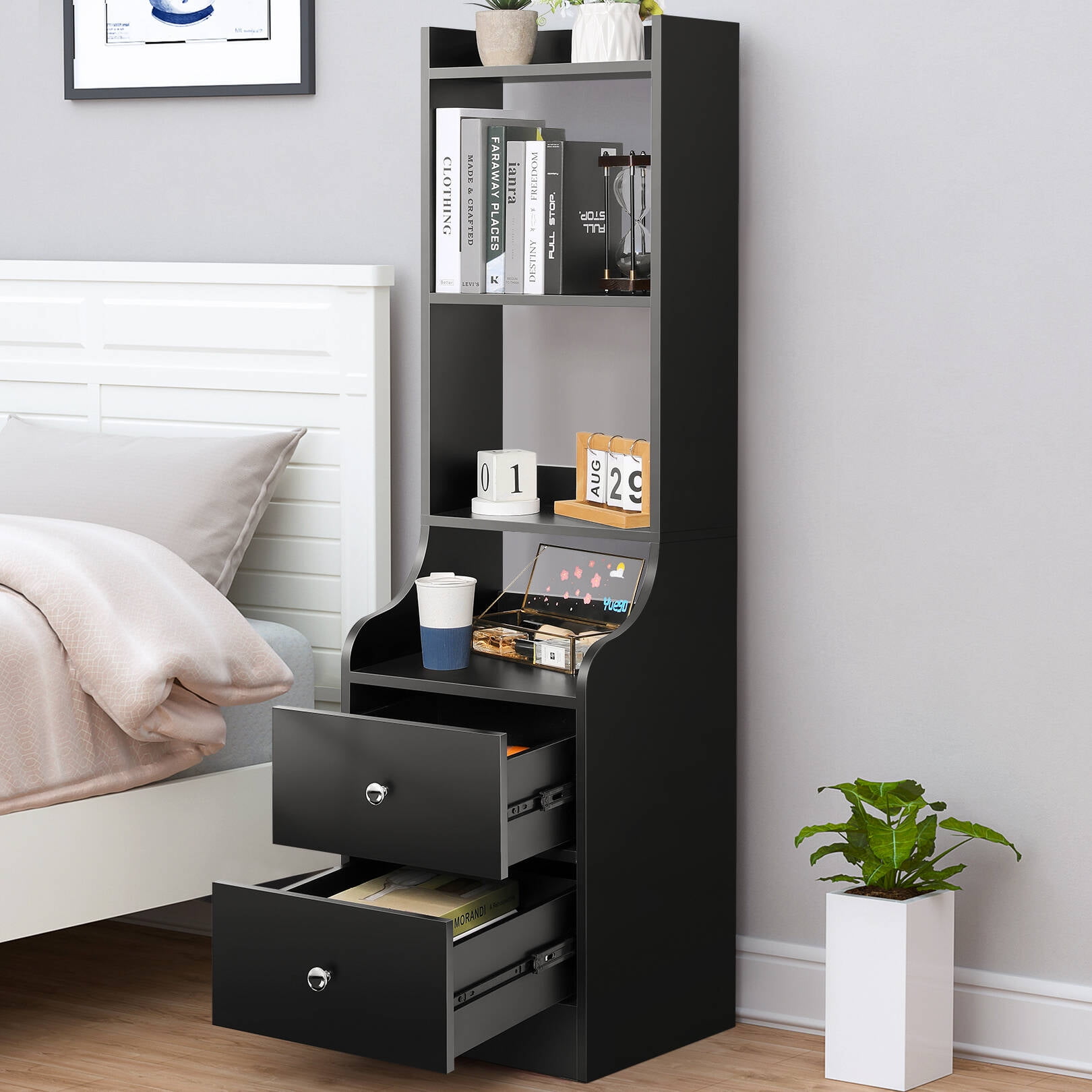 SEJOV Nightstand Tall Bedside Table with 2 Drawers, Bedside Bookshelf with 4Tier Open Shelves
