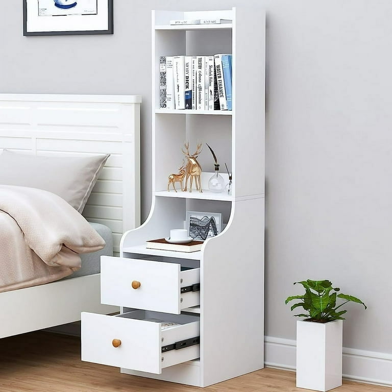 SEJOV Tall Nightstand with 2 Drawers for Bedroom Bedside Table with 4 Tier Open Shelves Wooden End Table for Living Room White Storage Cabinet