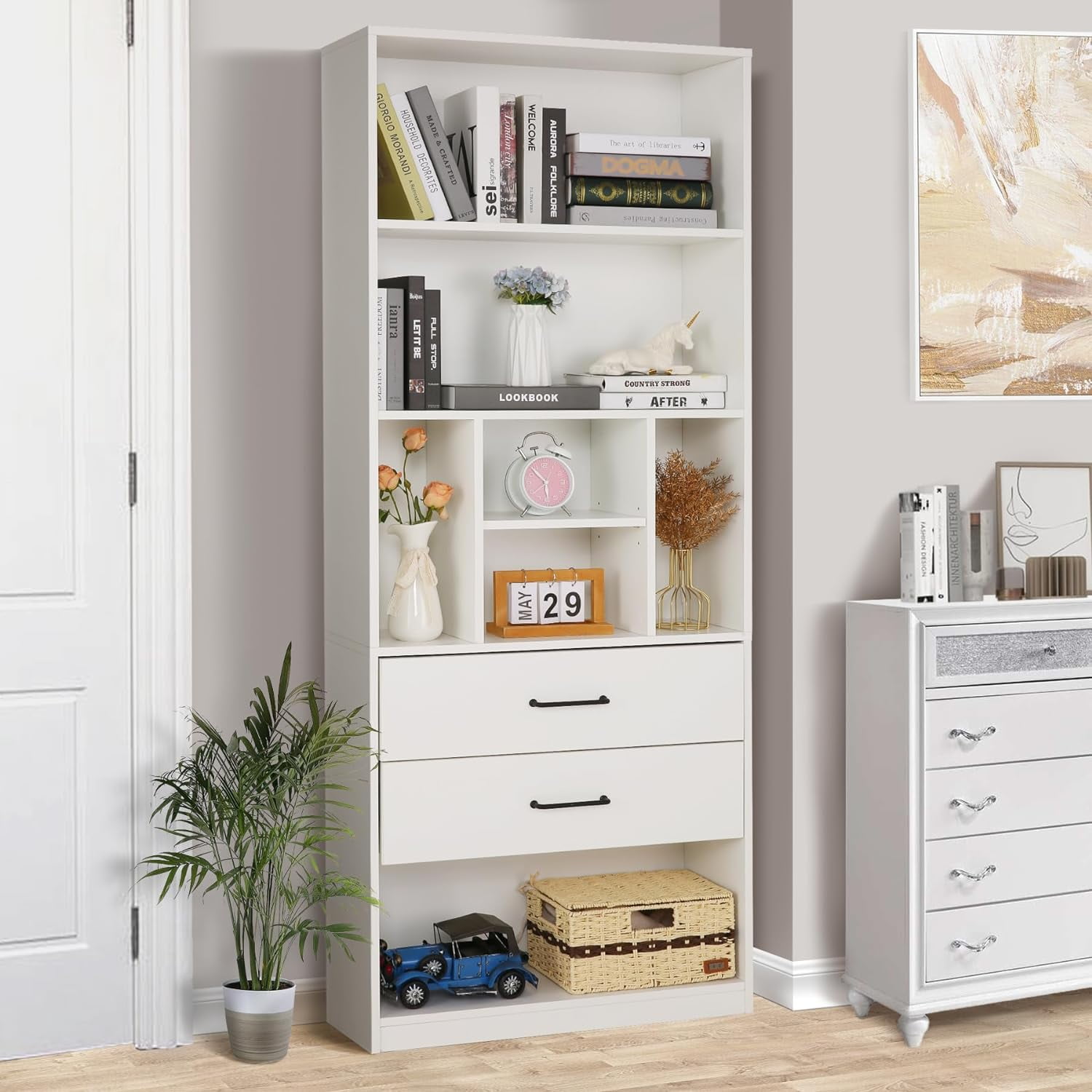 SEJOV White Bookshelf with 2 Drawers, 71