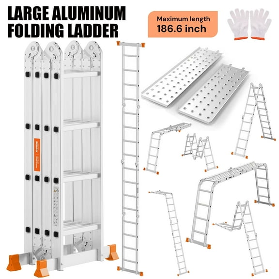 SEKAM 15.5Ft Multi-Purpose Folding Aluminum Ladder with 2 Scaffold Plates, 7-in-1 Heavy Duty Extension Ladder, 330 lbs Capacity (186.6" Max Length)