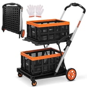 SEKAM 2-Tier Folding Utility Cart with Wheels, 198 lb Capacity Collapsible Rolling Storage Cart, Black/Orange