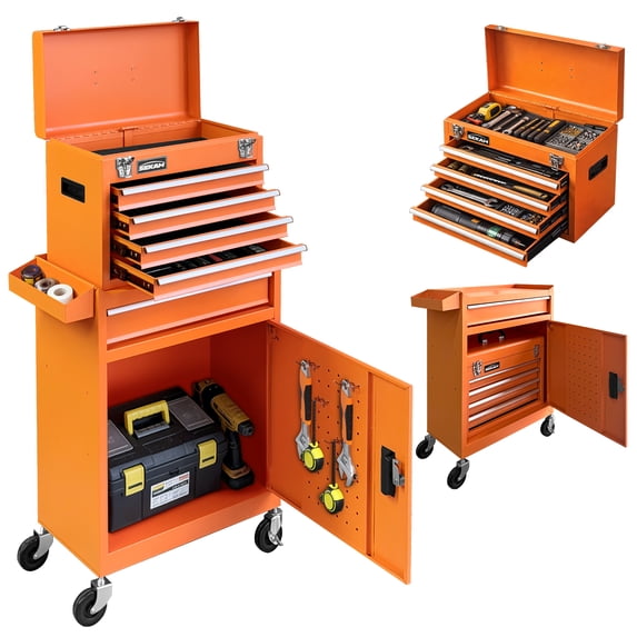 SEKAM 2-in-1 Rolling Tool Chest Cabinet, 5-Drawer Tool Box Combo With Wheels, Locking Door, Side Tray and Hooks, Orange