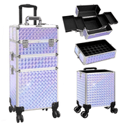 SEKAM 4-in-1 Rolling Makeup Case with Wheels, Aluminum Cosmetic Train Case, Large Capacity Organizer, Pink Blue Gradient