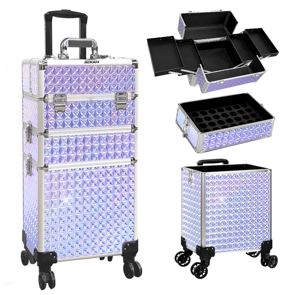 SEKAM 4-in-1 Rolling Makeup Case with Wheels, Aluminum Cosmetic Train Case, Large Capacity Organizer, Pink Blue Gradient