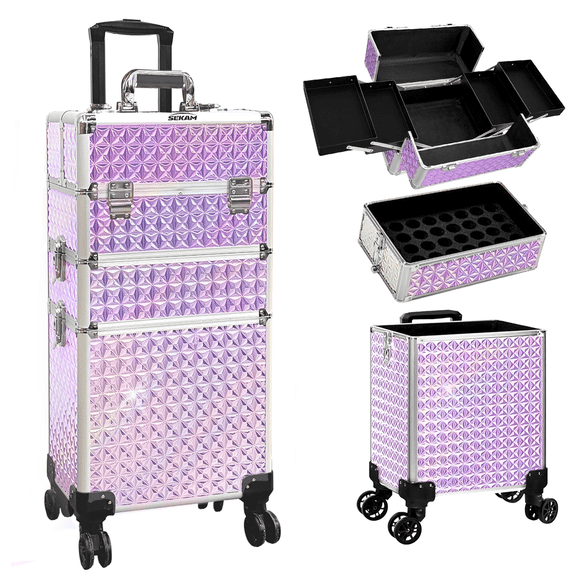 SEKAM 4-in-1 Rolling Makeup Case with Wheels, Aluminum Cosmetic Train Case, Large Capacity Organizer, Pink Purple Gradient
