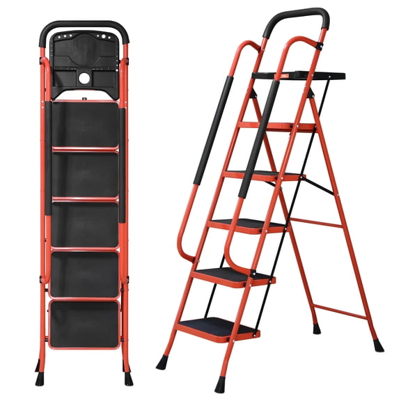 SEKAM 5-Step Ladder with Steel Pedals, 800 lbs Heavy Duty Folding Stepladder with Tool Tray & Handrails, Orange Red
