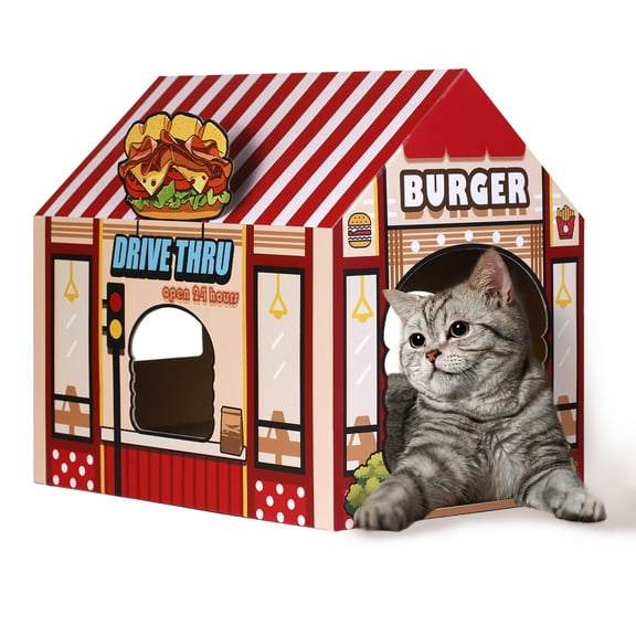 SEKAM Cardboard Cat House with Scratcher/Catnip,(16.5''x12''x15'') Kitty Burger Shop for Indoor/Outdoor Cats,Cat Play House&Home Decor,Cat Scratch Toy for Cat Birthday,Hideout for Bunny&Small Animals