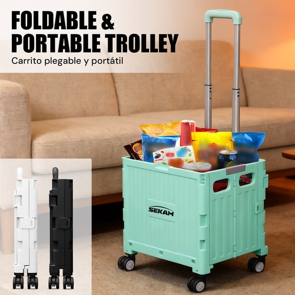 SEKAM Collapsible Rolling Crate with Wheels and Lid, Portable Utility Cart Hand Truck, Heavy Duty Foldable Box with Telescoping Handle for Teachers & Shopping,Green