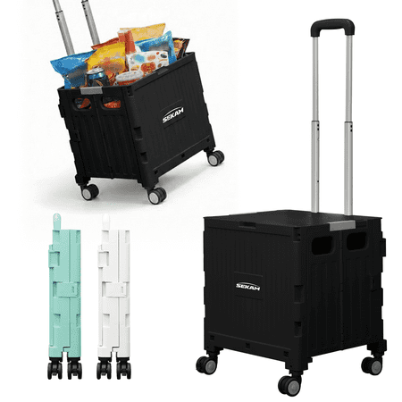 SEKAM Folding Utility Cart, Portable Rolling Crate Handcart Shopping Trolley Collapsible Tool Box with Lid, Basket on 4 Rotate Wheels, for Grocery, Office, Black