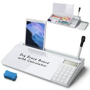 SELEAD Glass Dry Erase White Board with Desk Organizer, Calculator, 1 Marker, Holder - Small Portable Writing Whiteboard Computer Pad Keyboard Stand for Student Teacher