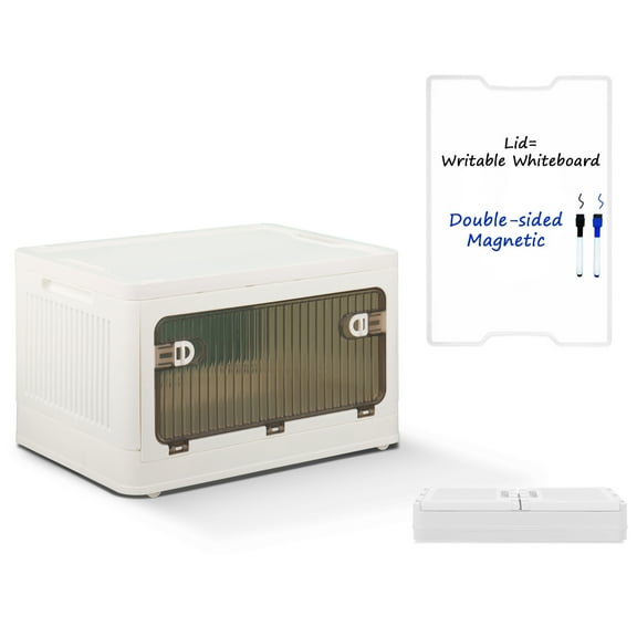 SELEAD Plastic Storage Bins with Writable Whiteboard Lids - 24 Quart Collapsible Storage Cube Cart with Wheels, Clear Stackable Bin Box for Organizing Toys, Clothes - Home Office, White