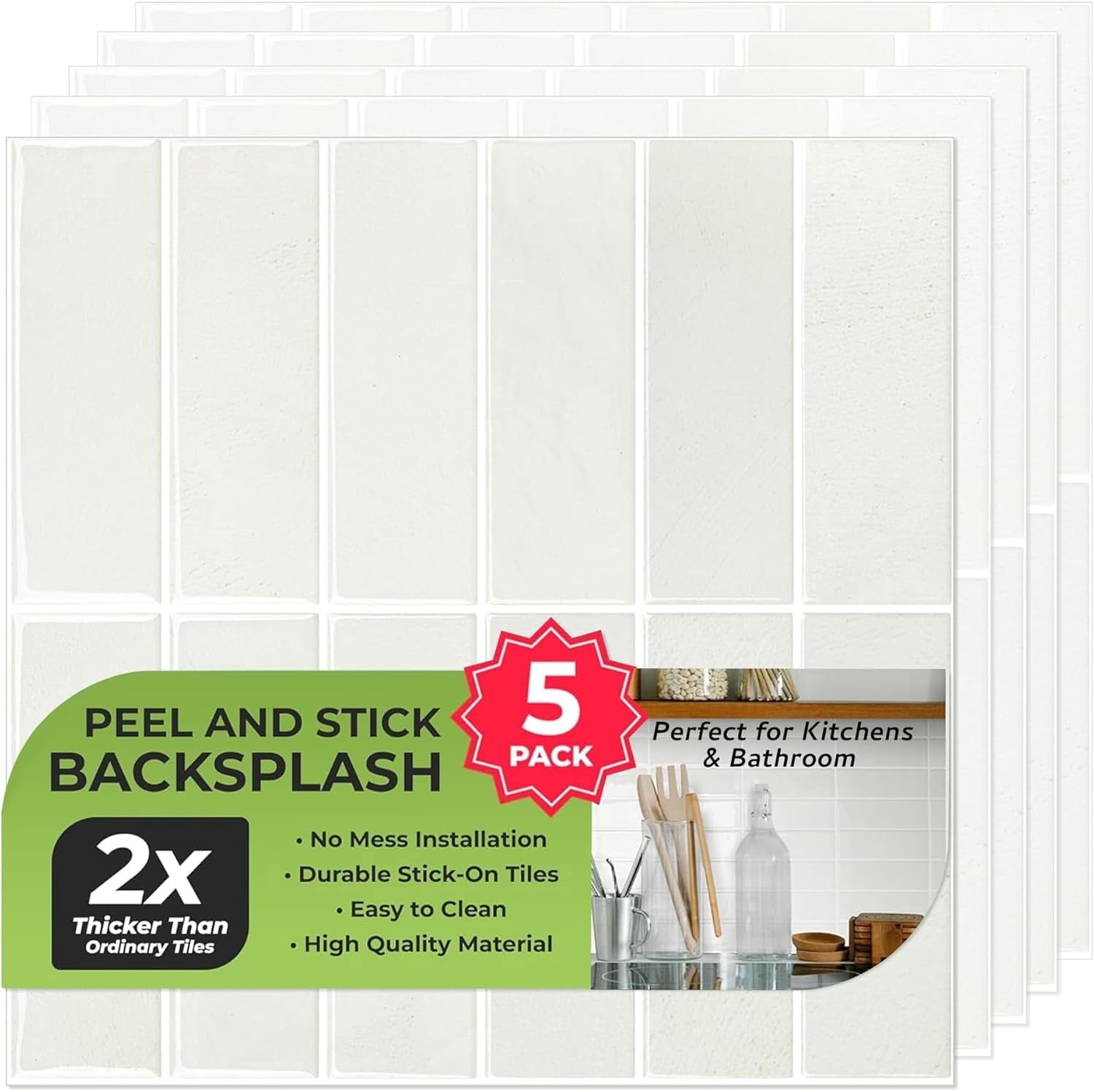 SELECT LIGHTING 5 Pack Peel and Stick Backsplash Subway Tiles, Extra Thick 3D Wall Panels, Heat & Water Resistant, Easy DIY Kitchen, Bathroom, Laundry, Fireplace & Rental Home Wall Décor (12 x 12 in)