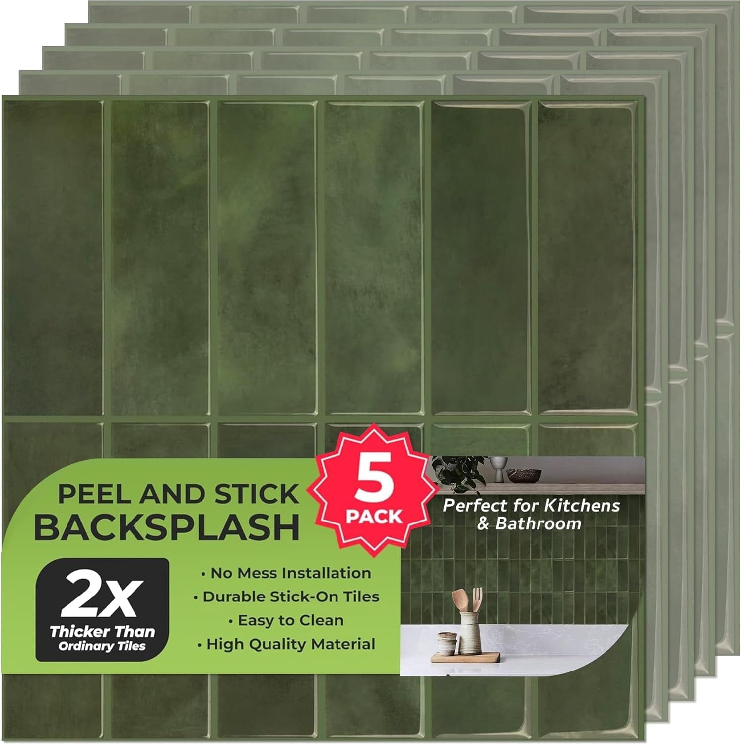 SELECT 5 Pack Peel and Stick Backsplash Subway Tiles, Extra Thick 3D Wall Panels, Heat & Water Resistant, Easy DIY Kitchen, Bathroom, Laundry, Fireplace & Rental Home Wall Décor (12 x 12 in), Green