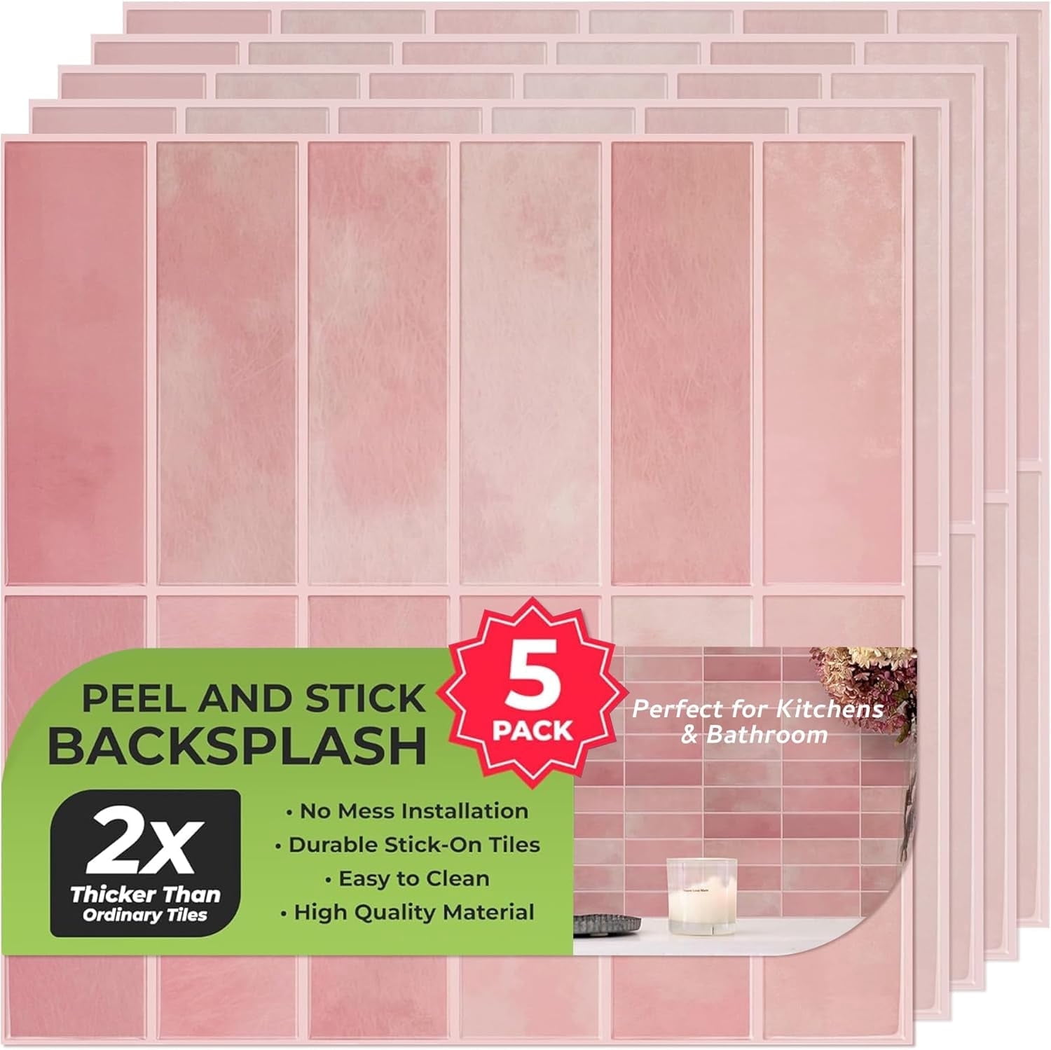 SELECT 5 Pack Peel and Stick Backsplash Subway Tiles, Extra Thick 3D Wall Panels, Heat & Water Resistant, Easy DIY Kitchen, Bathroom, Laundry, Fireplace & Rental Home Wall Décor (12 x 12 in), Pink