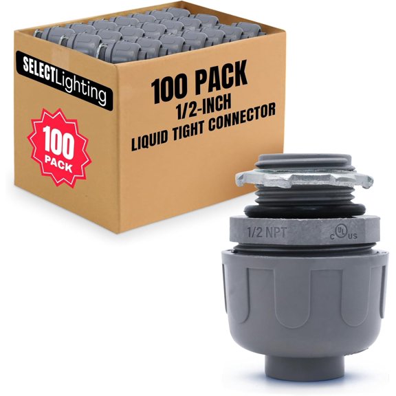 SELECT Lighting PVC Liquid Tight Connector, 1/2 Straight Flexible Conduit Connectors, Non-Metallic Conduit Fittings, Safe and Rust Resistant, 100 Pack