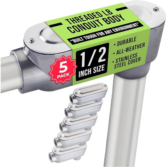 SELECT Lighting Rigid Type Threaded LB Type Conduit Body, Standard Fitting, Aluminum Body with Stainless Steel Cover and Neoprene Rubber Gasket, 1/2-inch, 5 Pack