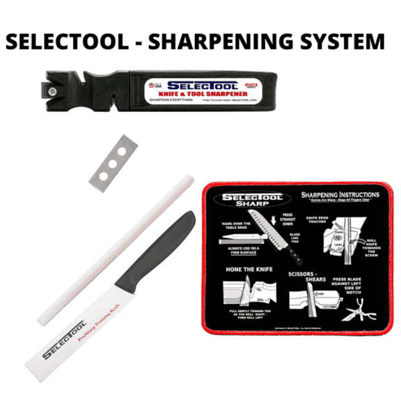 SELECTOOL 5-Piece Knife & Tool Sharpening Kit, Made in USA, Sharpener, Ceramic Rod, Training Knife, Spare Blade & Sharpening Mat
