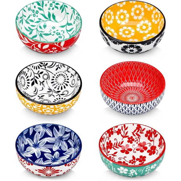 SELENE 2.7 Oz Ceramic Mini Dipping Bowls Set of 6, 3 Inch | for Soy Sauce, Sushi, Condiments & Appetizers, Microwave & Dishwasher safe, Floral Design