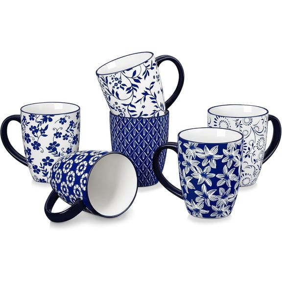 SELENE Large Coffee Mugs Set of 6, 16 Oz Porcelain Coffee Cups with Handle, Ceramic Cup for Cappuccino, Latte, , Cocoa, Dishwasher & Microwave Safe Sets, Blue