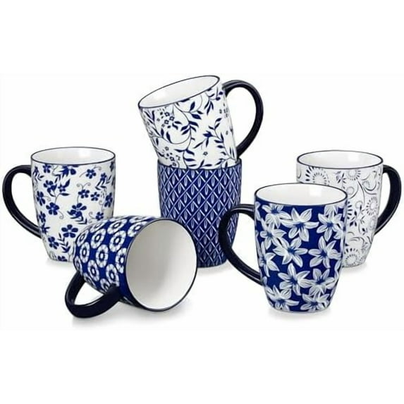 SELENE Large Coffee Mugs Set of 6 16 Oz Porcelain Coffee Cups with Handle Ceramic Tea Cup for Cappuccino Latte Tea Cocoa Dishwasher Microwave Safe Gift Sets Vintage Blue
