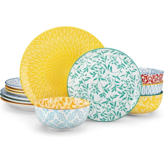 SELENE Plates and Bowls Set for 4, 12 count Dinnerware Sets, Mircowave and Dishwasher Safe Dishes Set, Porcelain Pastel Dinnerware