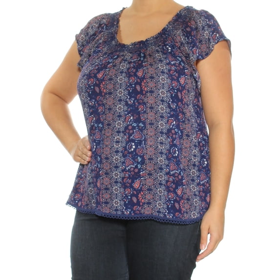 SELF E $29 Womens New 0169 Blue Printed Cap Sleeve Peasant Casual Top XL B+B