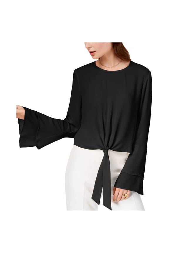 Self E Womens Tie Front Bell Sleeve Pullover Blouse, Black, Medium