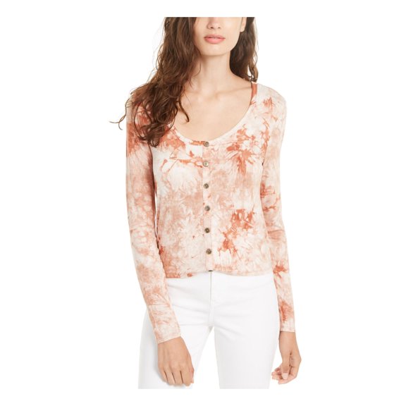SELF E Womens Brown Stretch Short Length Relaxed Fit Tie Dye Long Sleeve Scoop Neck Top Juniors L