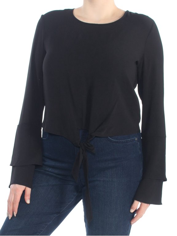 SELF E Womens New 1124 Black Tie Front Bell Sleeve Casual Top XL B+B
