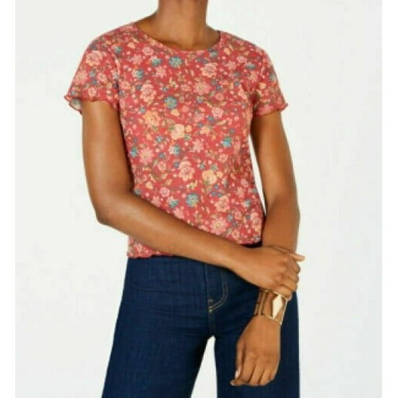 SELF E Womens Red Floral Short Sleeve Crew Neck T-Shirt Top  Size L