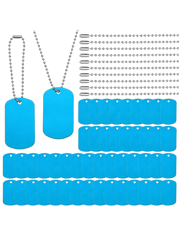 100 Pcs Blank Dog Tags Set, Including 50 Pcs Aluminum Metal Stamping Rectangle Label 50 Pcs Ball Steel Chain for Diy Decor Laser Engraving Necklace, Light Blue
