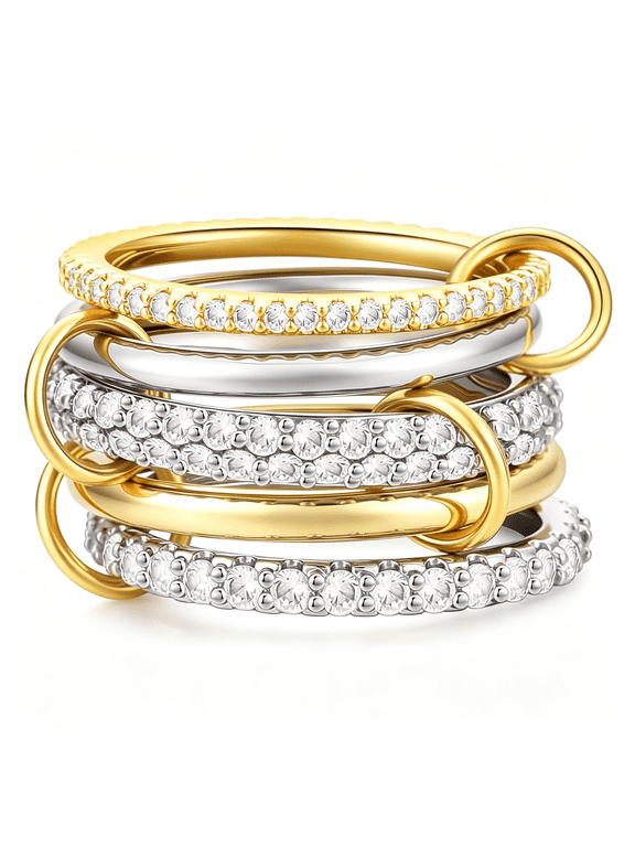 14K Gold Plated Interlocked Stackable Rings for Women Non Tarnish,Gold and Silver Cubic Zirconia Statement Rings Set,Mixed Metals Ring Two-Toned Connected Bands Stacking Jewelry