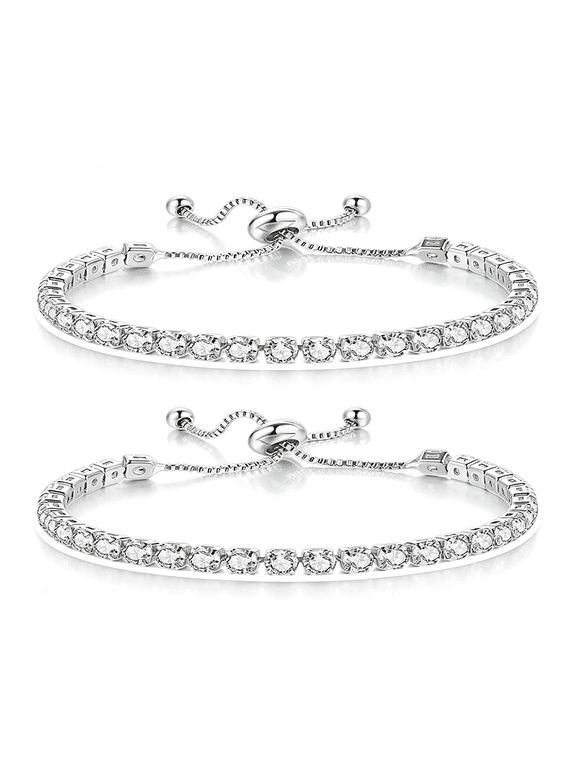 2 Pcs Silver Tennis Bracelet Set for Women, Adjustable Silver CZ Rhinestone Bracelets, Marquise Cubic Zirconia Bracelet Stack, Wedding & Prom Jewelry Gift
