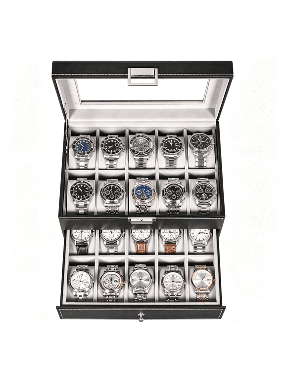 20-Slot Watch Box Organizer,2-Layer Watch Display Case with Lock,Pu Leather Watch Storage Holder for Men Women,Compact Watch Collection Box for Home,Office,Gift Giving