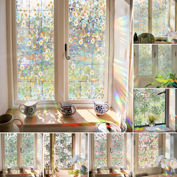 SELIVO 2026 New Iridescent Window Film Green Leaf Flower Pattern Non-Adhesive Glass Sticker Reusable Privacy Film for Living Room Bedroom Bathroom