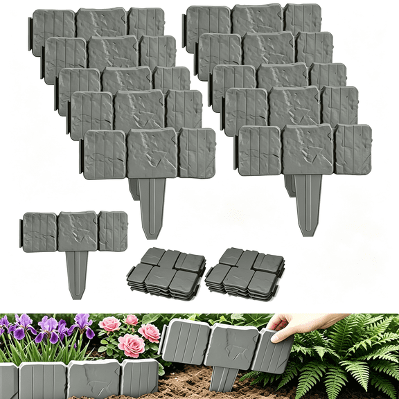 SELIVO 20Pcs Imitation Stone Garden Fence,Faux Stone Edging for Landscaping,Plastic Retaining Edging Border for Flower Beds,Interlocking Landscape Edging,No Dig Decorative Lawn Border(Gery)