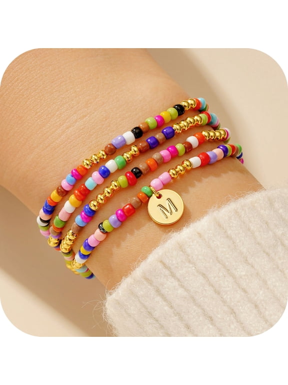4 5 6 7 8 9 10 11 12 13 14 15 16 Year Old Birthday Gifts for Tween Teen Teenage Girl Gift Idea 4Pcs 14K Gold Plated Colorful Beaded Disc Initial Bracelet for Women Jewelry