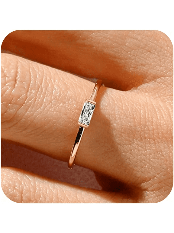 Birthstone Gold Rings for Women Non Tarnish Gold Stackable Ring|Dainty 14K Gold Plated Baguette CZ Gemstone Pinky Ring Personalized Jewelry Gift for Birthday Size 4-10