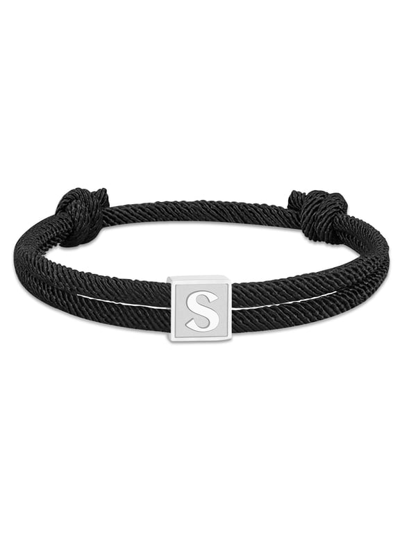 Black Rope Initial Bracelets for Men Boys Braided, Stainless Steel Letter S Charm Bracelet Birthday Graduation Gift