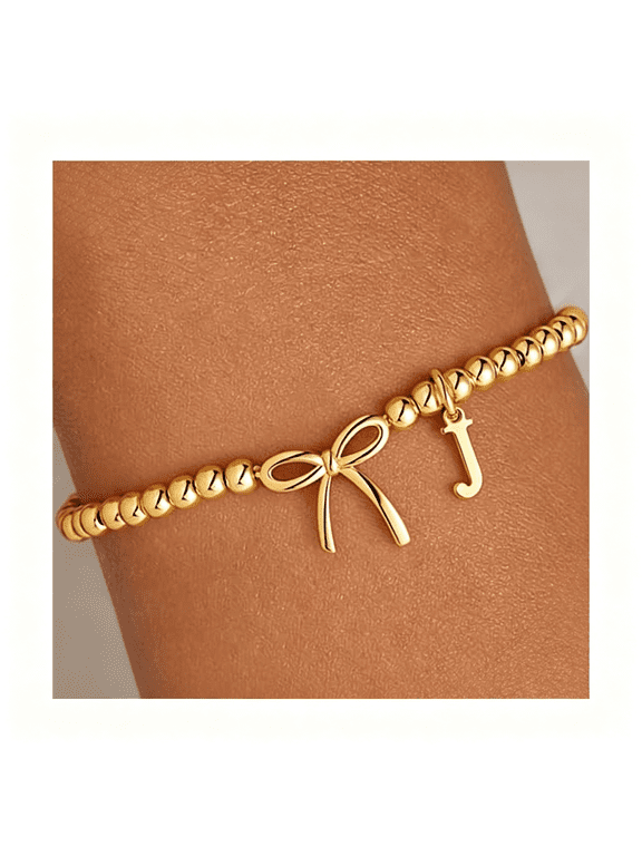 Bow Initial Bracelets for Women Girls, Letter A-Z Beaded Bracelet | 14K Gold Plated, Bow Bracelets for Girls, Gold Bracelet, Beaded Initial Bracelet, Birthday Gift for Teen Girl Jewelry