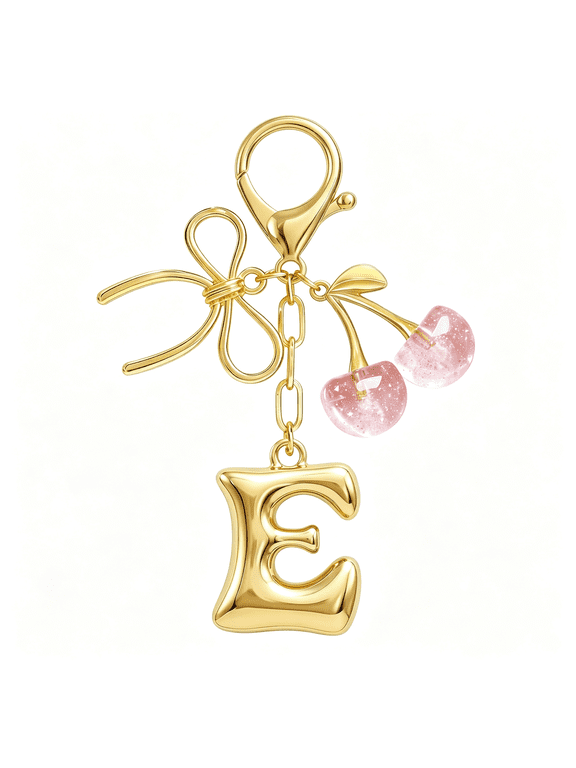 Bubble Initial Letter Keychain with Bow & Cherry,Cute Bag Charms for Women Handbags,Gold & Silver Purse Accessories Trendy Bow Keychain