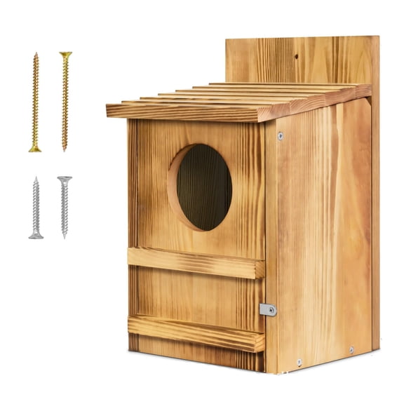SELIVO Durable Carbonized Cedar Owl House - 14.597.5 Inch Weather-Resistant Outdoor Owl Nesting Box with Natural Shavings,Quick Assembly,Bird Box