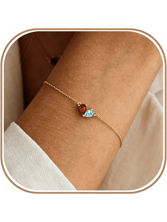 Gold Bracelets for Women Dainty 2 Birthstones Heart Bracelet | 14K Gold Plated CZ Bracelets for Mother and Daughter Anniversary Personalized Birthday Gold Jewelry Gift