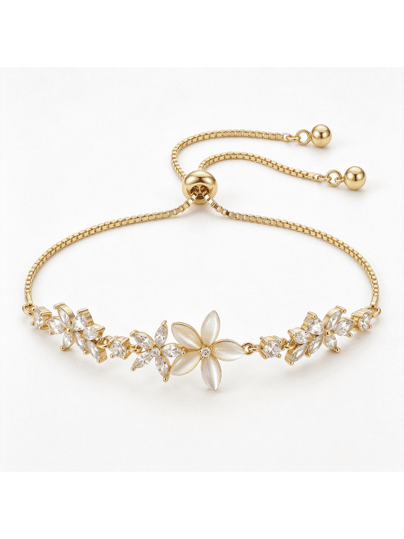 Gold Flower Bracelet for Women Adjustable Dainty Bracelet Rhinestone Floral Bracelet Fashion Dainty Slider Bracelet Bridesmaid Bracelets Small Jewelry Gift
