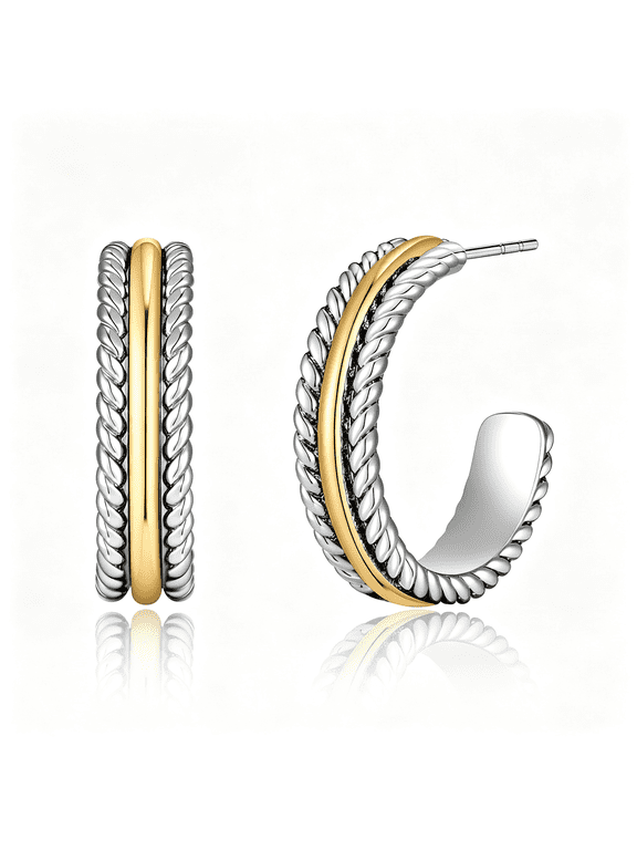 Gold and Silver Mixed Metal Earring Two Tone Studs Earrings for Women Chunky C Hoop Earrings Fashion Jewelry mixed metal earrings