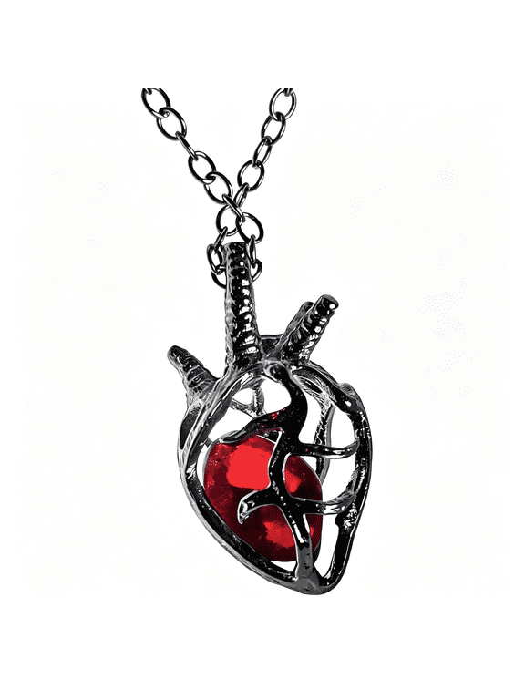 Gothic Anatomical Heart Necklace,3D Black Heart Pendant with Blood Red Glass Gem,Goth Vintage Alt Emo Punk Grunge Vampire Witch Link Chain Choker Necklace Jewelry Accessories for Women Men