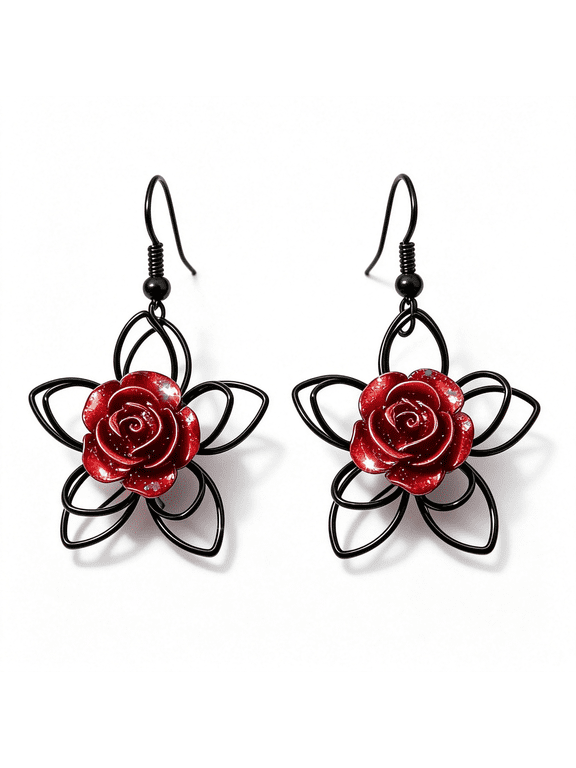 Gothic Red Rose Flower Dangle Earrings - Black & Red Vintage Rose Earrings for Women Mysterious Gothic Earrings For Women
