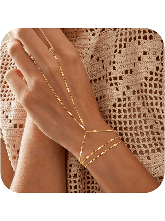 Hand Chain Bracelet for Women -Valentine's Day gift Dainty 14K-Gold-Plated Finger Ring Hand Chains Layered Trendy Link Bracelets Jewelry Gifts for Women