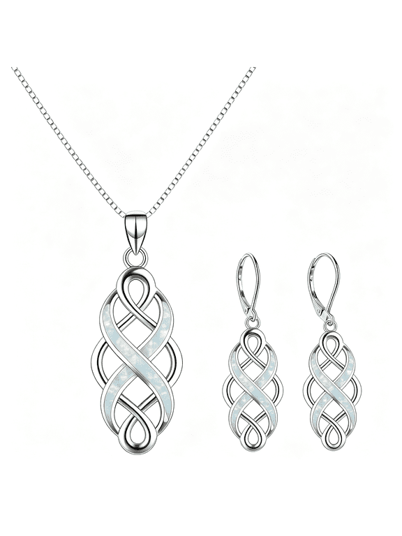 Irish Celtic Knot Created Opal Pendant Necklace with Dangle Earrings Jewelry Set for Women Hypoallergenic White Gold Adjustable Chain Choker Charm for Her Wife Daughter Mom Birthday Gifts